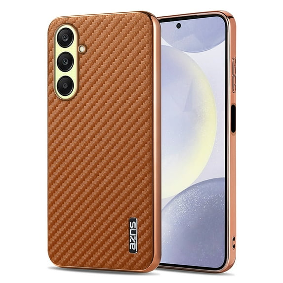 Phone Case for Samsung Galaxy A25 5G, Carbon Fiber Texture + Plating Frame, Shockproof Protective Lightweight Anti-Scratch Classic Phone Cover for Men Boys for Samsung Galaxy A25 5G, Brown