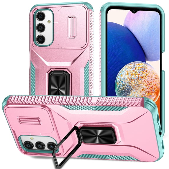 Phone Case for Samsung Galaxy A25 5G Case with Sliding Camera Cover, with 360° + 100° Free Rotation Metal Finger Ring Bracket, Fit Magnet Car Mount, 2 In 1 Case Cover for Galaxy A25 5G, Rosegold