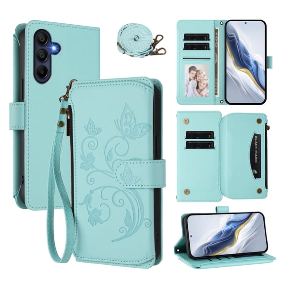 Phone Case for Samsung Galaxy A26 5G Wallet Cell Cover with Wrist & Shoulder Strap, Embossed Flower Flip Zipper Card Holder Slots Stand PU Leather Wallet Case for Women Girls Men Women, Green