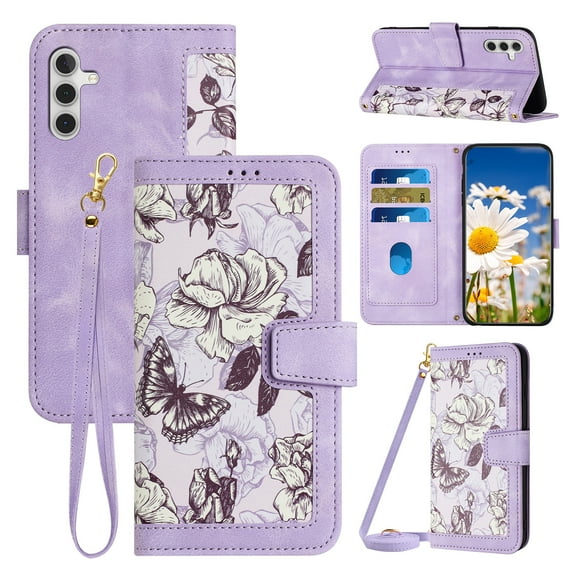 Phone Case for Samsung Galaxy A26 5G Wallet Cover with Crossbody & Wrist Strap, Elegant PU Leather Flip Flower Pattern Kickstand Credit Card Holder Phone Case Cover for Galaxy A26 5G, Purple