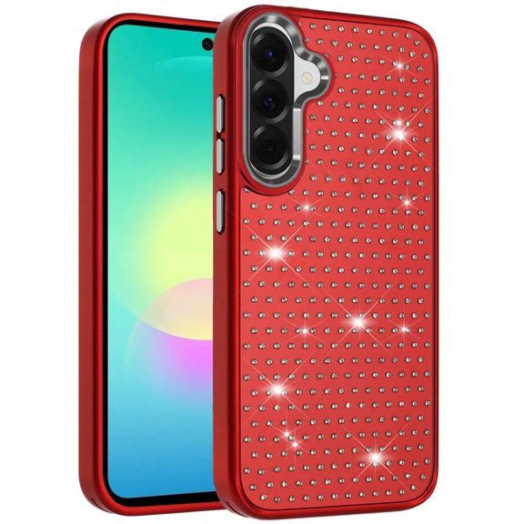 Phone Case for Samsung Galaxy A27 Luxury Diamond Bling Sparkle Chrome Metallic Edge Shockproof Durable Protective Stylish Premium Hybrid Design Cover Red