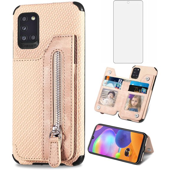Phone Case for Samsung Galaxy A31 Wallet Cover with Tempered Glass Screen Protector and Zipper Credit Card Holder Stand Leather Cell Accessories Glaxay A 31 4G Gaxaly 31A A315G Women Men Beige