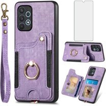 Phone Case for Samsung Galaxy A32 4G 6.4 inch Wallet Cover with Screen Protector and Wrist Strap Lanyard RFID Credit Card Holder Ring Stand Cell Accessories A 32 32A S32 G4 SM-A325M/DS Women Purple