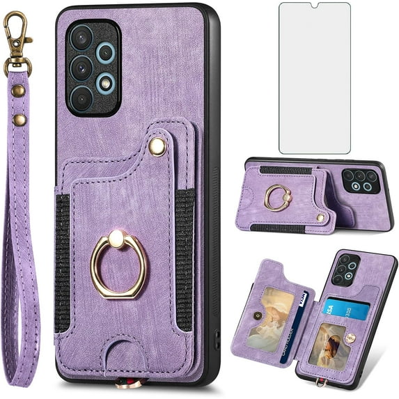 Phone Case for Samsung Galaxy A32 4G 6.4 inch Wallet Cover with Screen Protector and Wrist Strap Lanyard RFID Credit Card Holder Ring Stand Cell Accessories A 32 32A S32 G4 SM-A325M/DS Women Purple