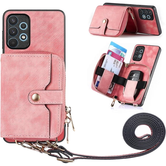 Phone Case for Samsung Galaxy A32 4G 6.4 inch Zipper Wallet Cover with Credit Card Holder Slot Shoulder Crossbody Strap Long Lanyard Leather Cell A 32 32A S32 G4 SM-A325M/DS Women Girls Pink