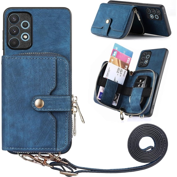 Phone Case for Samsung Galaxy A32 4G 6.4 inch Zipper Wallet Cover with Credit Card Holder Slot Shoulder Crossbody Strap Long Lanyard Leather Cell A 32 32A S32 G4 SM-A325M/DS Women Girls Blue