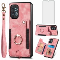 Phone Case for Samsung Galaxy A32 5G 2021 6.5 inch Wallet Cell Cover with Tempered Glass Screen Protector Slim Lanyard Wrist Strap RFID Ring Stand Credit Card Holder Slot M32 G5 A 32 32A S32 Pink