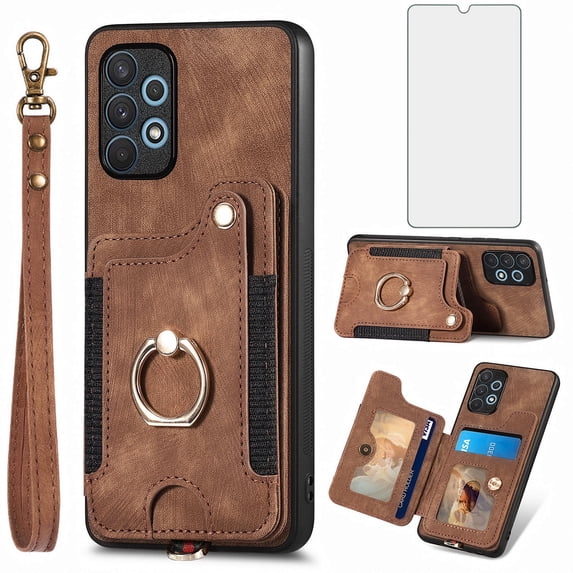 Phone Case for Samsung Galaxy A32 5G 2021 6.5 inch Wallet Cell Cover with Tempered Glass Screen Protector Slim Lanyard Wrist Strap RFID Ring Stand Credit Card Holder Slot M32 G5 A 32 32A S32 Brown