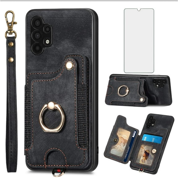 Phone Case for Samsung Galaxy A32 5G 2021 6.5 inch Wallet Cover with Tempered Glass Screen Protector Wrist Strap Lanyard RFID Card Holder Ring Stand M32 G5 A 32 32A S32 SM-A326U A326U Women Men Black