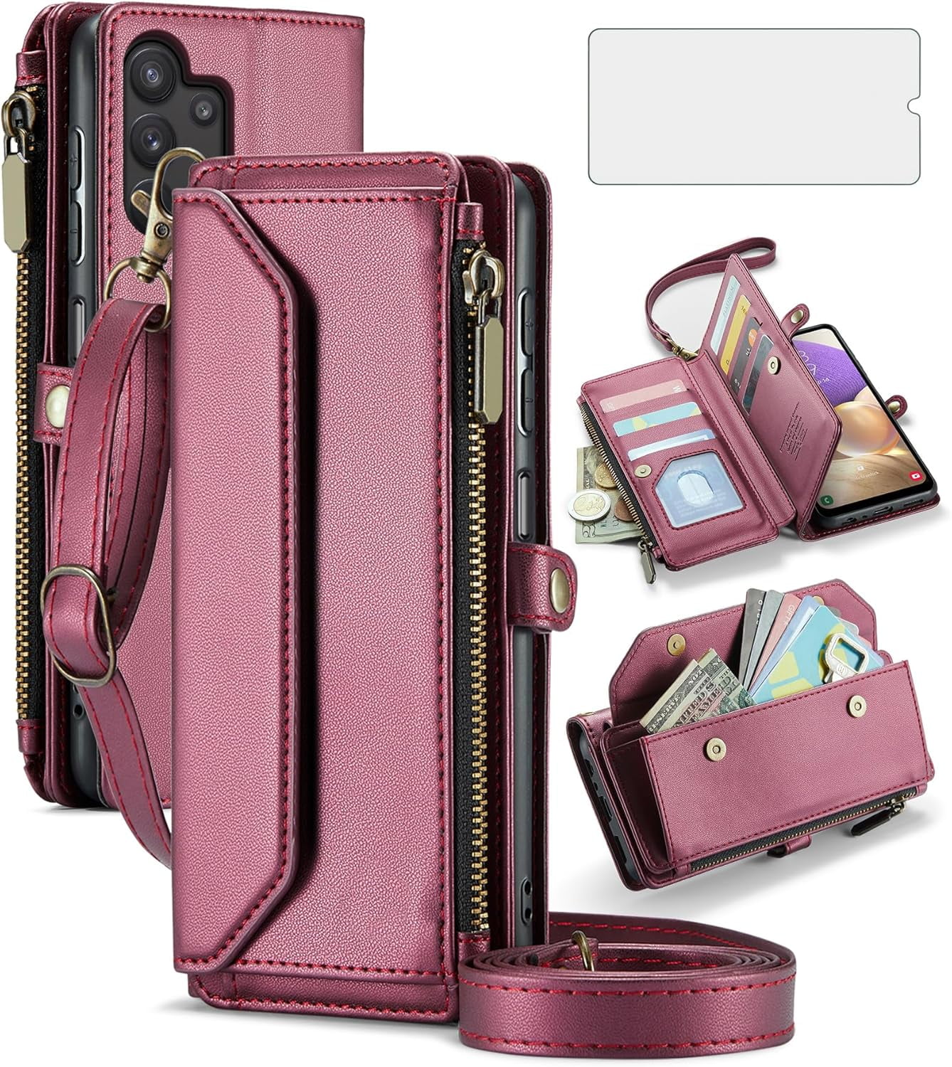 Phone Case for Samsung Galaxy A32 5G 2021 6.5 inch Zipper Wallet Cover with Screen Protector and Leather Flip RFID Blocking Card Holder Cell M32 G5 A 32 32A S32 SM-A326U A326U Women Wine Red