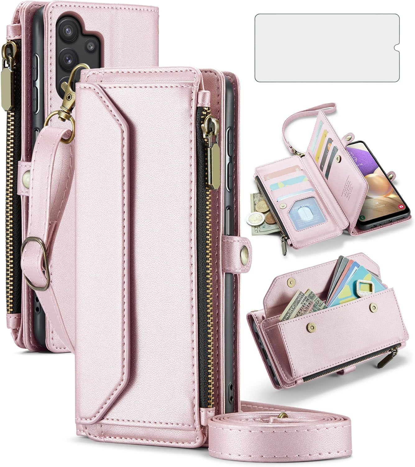 Phone Case for Samsung Galaxy A32 5G 2021 6.5 inch Zipper Wallet Cover with Screen Protector and Leather Flip RFID Blocking Card Holder Cell M32 G5 A 32 32A S32 SM-A326U A326U Women Rose Gold