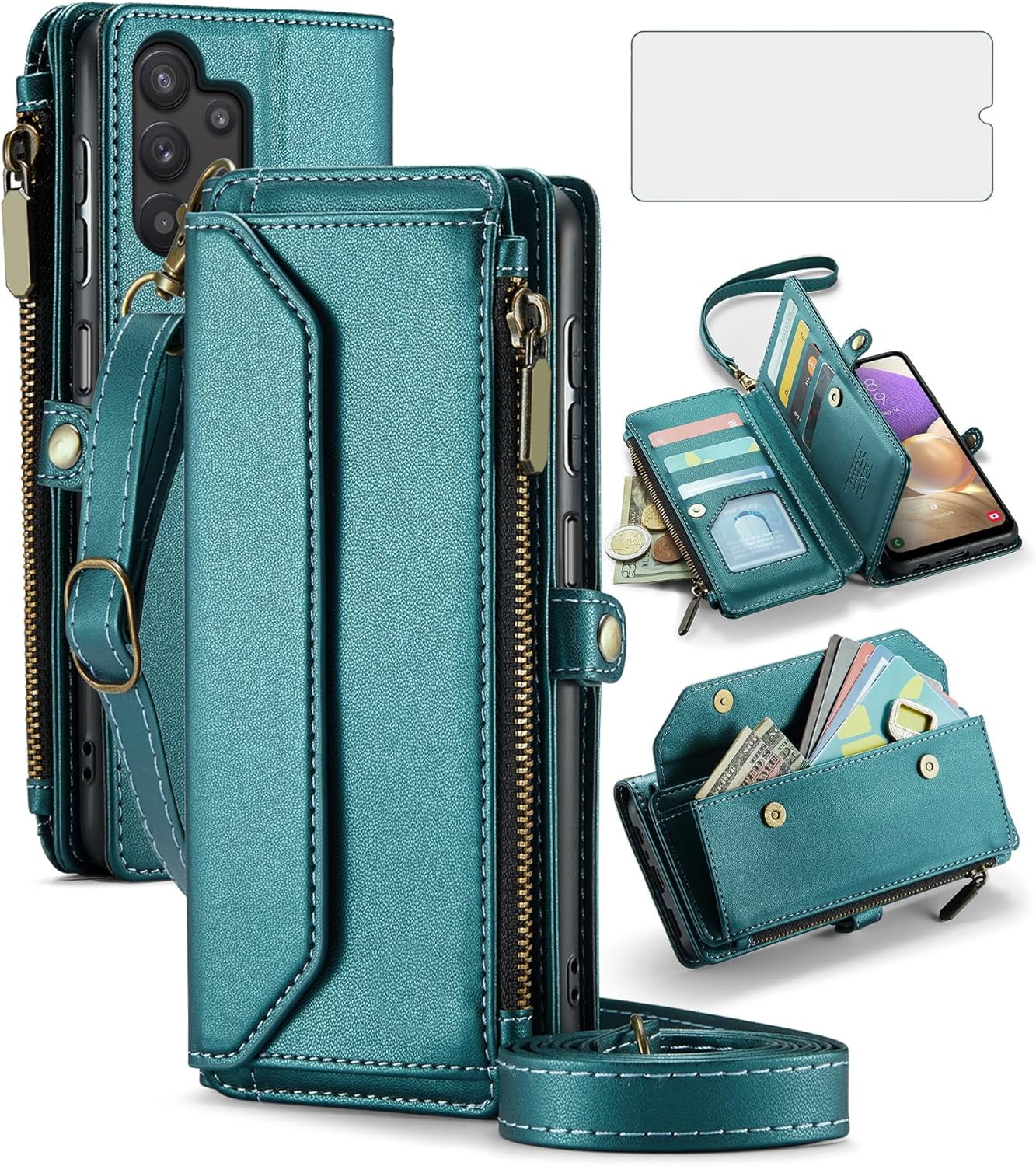 Phone Case for Samsung Galaxy A32 5G 2021 6.5 inch Zipper Wallet Cover with Tempered Glass Screen Protector Flip RFID Blocking Card Holder Cell M32 G5 A 32 32A S32 SM-A326U A326U Women Green
