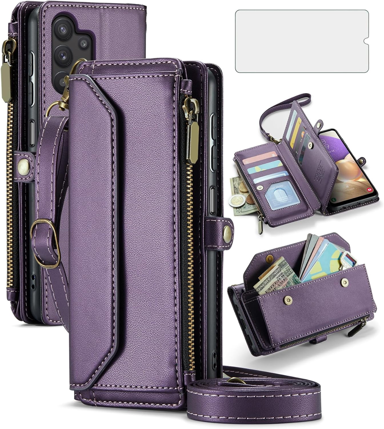 Phone Case for Samsung Galaxy A32 5G 2021 6.5 inch Zipper Wallet Cover with Tempered Glass Screen Protector Flip RFID Blocking Card Holder Cell M32 G5 A 32 32A S32 SM-A326U A326U Women Purple