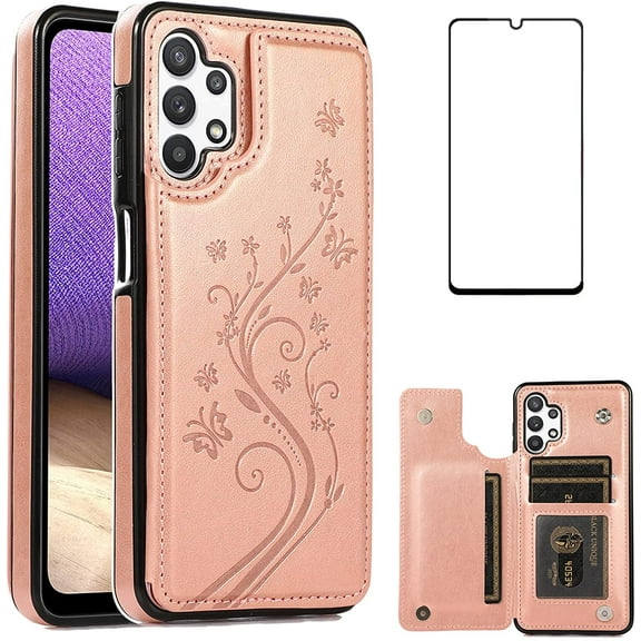 Phone Case for Samsung Galaxy A32 5G 6.5 inch with Tempered Glass Screen Protector Card Holder Wallet Cover Stand Flip Leather Cell Accessories Glaxay A 32 32A S32 G5 A326U Cases Women Girl Green