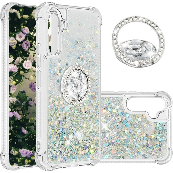 Phone Case for Samsung Galaxy A34 5G,Shockproof Clear Quicksand Glitter Flowing Liquid with Bling Diamond Ring Stand,Cute Women Girls Case for Galaxy A34 5G 6.6'' LS-Silver