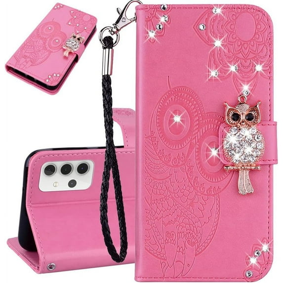 Phone Case for Samsung Galaxy A35 5G, Galaxy A35 5G Wallet Case Leather Glitter Stylish Crystal Owl with Wrist Strap Kickstand Magnetic for Women Case for Samsung Galaxy A35 5G Pink YK