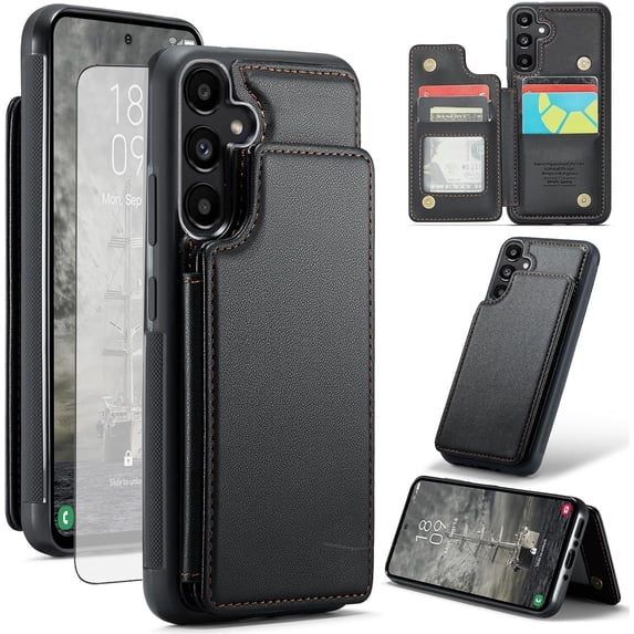 Phone Case for Samsung Galaxy A35 5G Wallet Cover with Tempered Glass Screen Protector and RFID Blocking PU Leather Credit Card Holder Stand Cell Accessories A 35 35A A355G Women Men Black