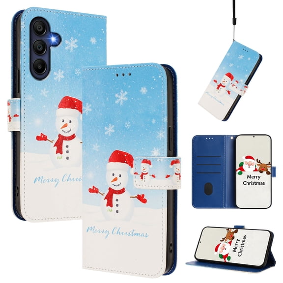Phone Case for Samsung Galaxy A35, Luxury Christmas Pattern Card Slots Cash Pocket Magnetic Clasp Full Body Protection Shockproof Kickstand Wallet Flip Case with Wrist Strap for A35, B