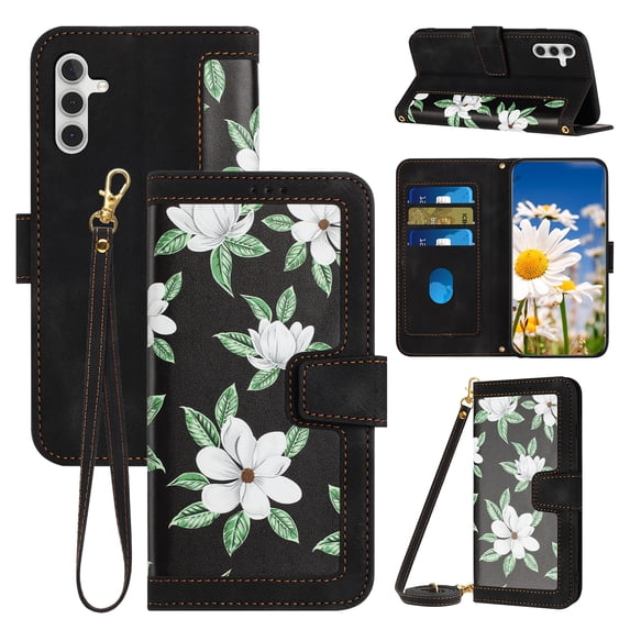 Phone Case for Samsung Galaxy A36 5G Wallet Cover with Crossbody & Wrist Strap, Elegant PU Leather Flip Flower Pattern Kickstand Credit Card Holder Phone Case Cover for Galaxy A36 5G, Black