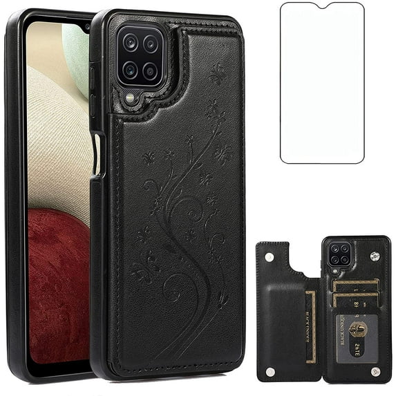 Phone Case for Samsung Galaxy A42 5G with Tempered Glass Screen Protector Card Holder Wallet Cover Stand Flip Leather Cell Accessories Glaxay A 42 G5 Gaxaly 42A S42 4G 2021 Cases Women Girl Black