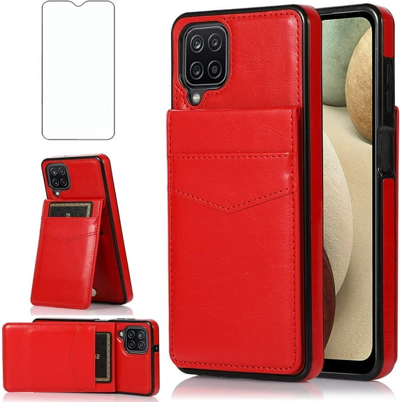 Phone Case for Samsung Galaxy A42 5G with Tempered Glass Screen Protector Credit Card Holder Wallet Cover Stand Leather Cell Accessories Glaxay A 42 G5 Gaxaly 42A S42 4G 2021 Cases Women Men Red
