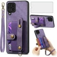 thumbnail image 1 of Phone Case for Samsung Galaxy A42 5G Wallet Cover with Tempered Glass Screen Protector and Lanyard Wrist Strap Slim Stand Card Holder Slot Leather Cell A 42 G5 42A S42 4G 2021 Women Men Purple, 1 of 14