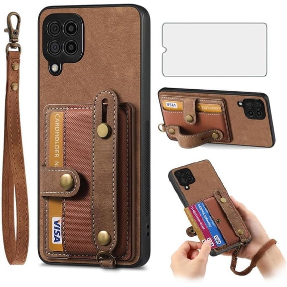 Phone Case for Samsung Galaxy A42 5G Wallet Cover with Tempered Glass Screen Protector and Lanyard Wrist Strap Slim Stand Card Holder Slot Leather Cell A 42 G5 42A S42 4G 2021 Women Men Brown