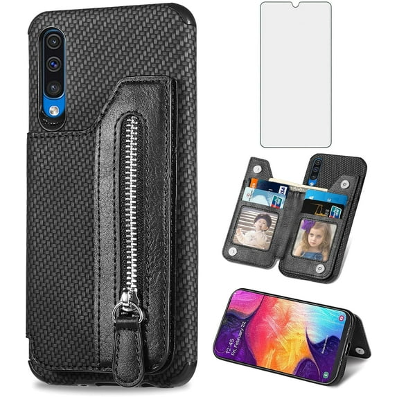Phone Case for Samsung Galaxy A50 A50S A30S Wallet Cover with Screen Protector and Zipper Credit Card Holder Stand Leather Cell Accessories Glaxay A 50 50S 30S Gaxaly S50 50A SM A505G Women Men Black