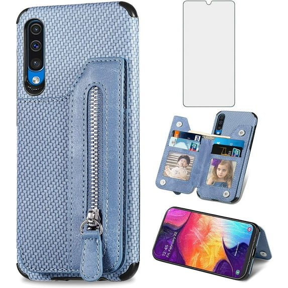 Phone Case for Samsung Galaxy A50 A50S A30S Wallet Cover with Screen Protector and Zipper Credit Card Holder Stand Leather Cell Accessories Glaxay A 50 50S 30S Gaxaly S50 50A SM A505G Women Men Blue