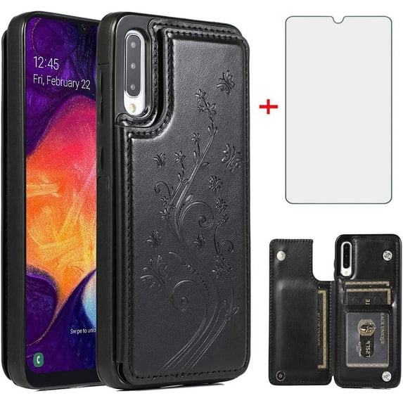Phone Case for Samsung Galaxy A50 with Tempered Glass Screen Protector and Card Holder Wallet Cover Stand Flip Leather Cell Accessories Glaxay A 50 Gaxaly S50 50A SM A505G Cases Women Men Black