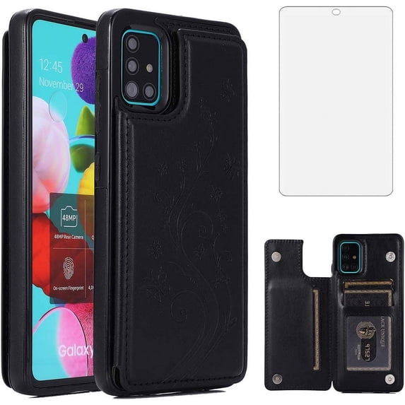 Phone Case for Samsung Galaxy A51 4G with Tempered Glass Screen Protector and Card Holder Wallet Cover Stand Flip Leather Cell Accessories Glaxay A 51 Gaxaly M40S 51A A515F S51 Cases Women Men Black