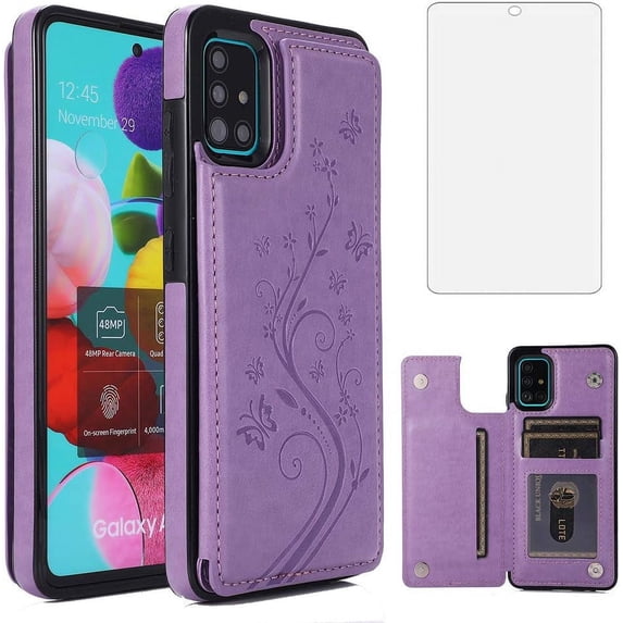 Phone Case for Samsung Galaxy A51 4G with Tempered Glass Screen Protector Card Holder Wallet Cover Stand Flip Leather Cell Accessories Glaxay A 51 Gaxaly M40S 51A A515F S51 Cases Women Girls Purple