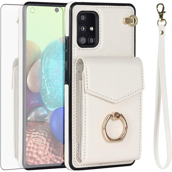 Phone Case for Samsung Galaxy A51 5G/A 51 5G UW Verizon Wallet Cover with Tempered Glass Screen Protector and RFID Blocking Ring Card Holder Leather Cell Accessories 51A G5 S51 Women Off White