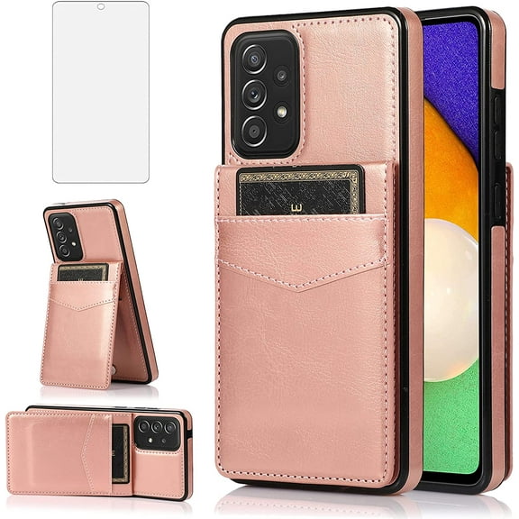Phone Case for Samsung Galaxy A52 5G/4G with Tempered Glass Screen Protector Credit Card Holder Wallet Cover Stand Leather Cell Accessories Glaxay A 52 G5 Gaxaly 52A S52 Cases Women Rose Gold