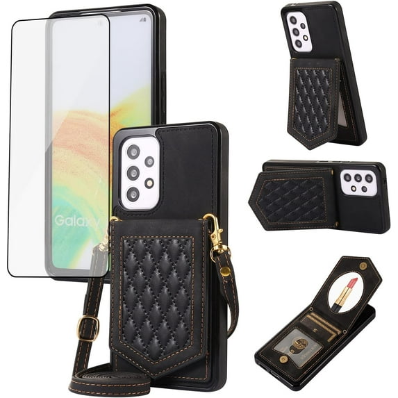 Phone Case for Samsung Galaxy A52/A52S 5G Wallet Cover with Tempered Glass Screen Protector and Mirror Credit Card Holder Slot Shoulder Crossbody Strap Cell A 52 S 4G G5 52A S52 52S Women Girls Black