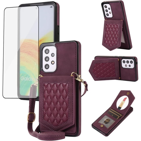 Phone Case for Samsung Galaxy A52/A52S 5G Wallet Cover with Tempered Glass Screen Protector and Mirror Credit Card Holder Slot Shoulder Crossbody Strap Cell A 52 S 4G G5 52A S52 52S Women Girls Red