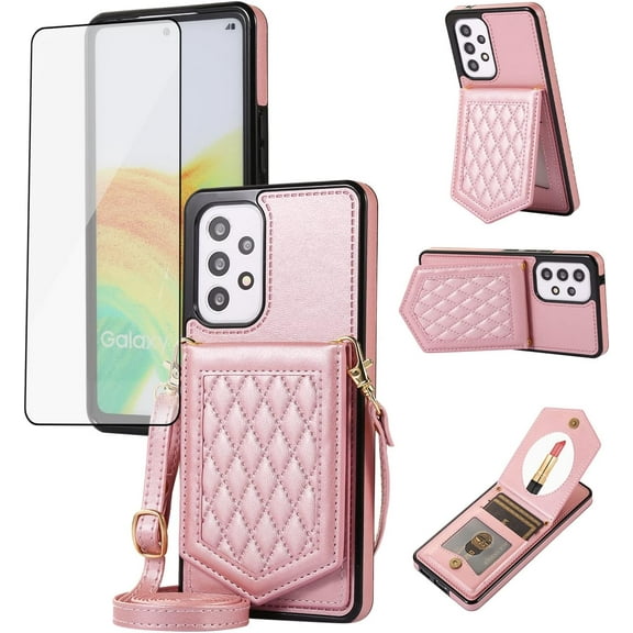 Phone Case for Samsung Galaxy A52/A52S 5G Wallet Cover with Tempered Glass Screen Protector Mirror Credit Card Holder Slot Shoulder Crossbody Strap Cell A 52 S 4G G5 52A S52 52S Women Girls Rose Gold