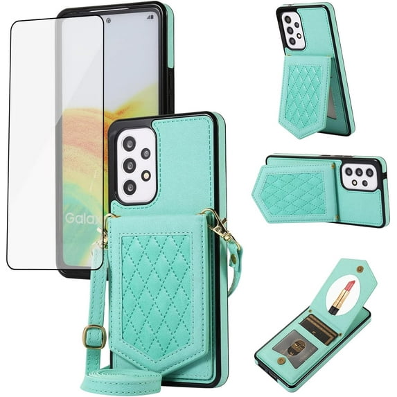 Phone Case for Samsung Galaxy A52/A52S 5G Wallet Cover with Tempered Glass Screen Protector and Mirror Credit Card Holder Slot Shoulder Crossbody Strap Cell A 52 S 4G G5 52A S52 52S Women Girls Green