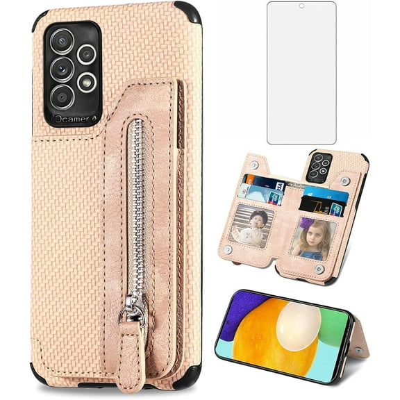 Phone Case for Samsung Galaxy A52/A52S 5G Wallet Cover with Tempered Glass Screen Protector and Zipper Credit Card Holder Stand Leather Cell Accessories Glaxay A 52 S 4G G5 Gaxaly 52A S52 52S Beige