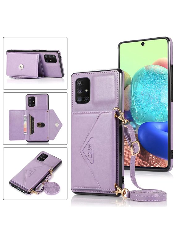 Phone Case for Samsung Galaxy A52 Wallet Cover with Wrist Crossbody Strap Lanyard Credit Shoulder Card Holder Slot Stand Leather Back Magnetic Flip Cell Accessories A52, Purple