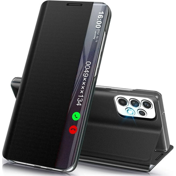 Phone Case for Samsung Galaxy A53 5G Case, Smart Clear View Window Luxury Slim Mirror for Galaxy A53 Case with Kickstand, Leather Hard PC Flip Shockproof Protective Cover Samsung A53 Case, Black