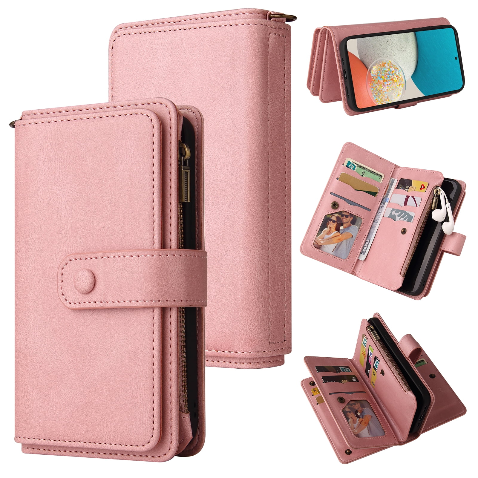 Phone Case for Samsung Galaxy A53 5G, Galaxy A53 5G Wallet Case, Luxury Folio Flip Leather Cover [Zipper Pocket] [Wrist Strap] [Kickstand] for Samsung Galaxy A53 5G 6.5 inch,Pink
