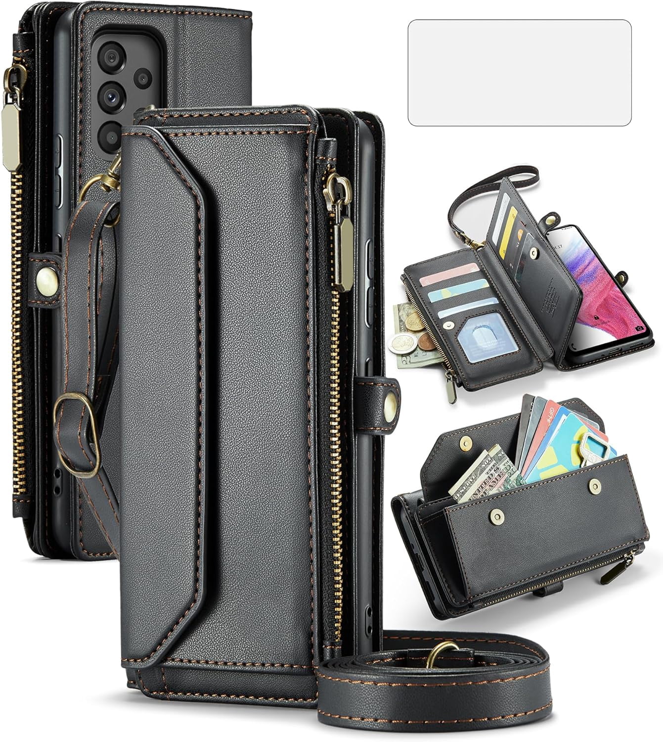 Phone Case for Samsung Galaxy A53 5G Zipper Wallet Cover with Tempered Glass Screen Protector and Leather Flip RFID Blocking Card Holder Cell A 53 G5 53A SM A536U 6.5" 2022 Women Girls Black