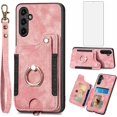 thumbnail image 1 of Phone Case for Samsung Galaxy A54 5G Wallet Cover with Tempered Glass Screen Protector and Wrist Strap Lanyard RFID Credit Card Holder Ring Stand Cell Accessories A 54 54A SM A546U 2023 Women Men Pink, 1 of 14