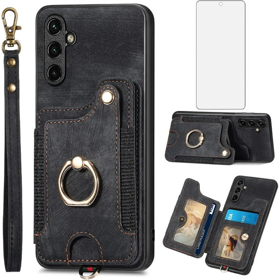 Phone Case for Samsung Galaxy A54 5G Wallet Cover with Tempered Glass Screen Protector and Wrist Strap Lanyard RFID Credit Card Holder Ring Stand Cell Accessories A 54 54A SM A546U 2023 Women Black