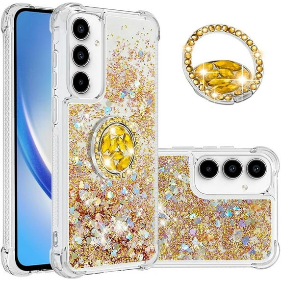 Phone Case for Samsung Galaxy A55 5G, Galaxy A55 5G Liquid Case Glitter Clear TPU Cute Love Moving Quicksand Sparkle Case with Stand Liquid Shockproof Cover for Samsung Galaxy A55 5G Gold YBZ