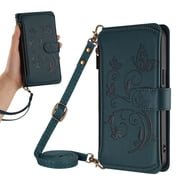Phone Case for Samsung Galaxy A55 Wallet Cell Cover with Wrist & Shoulder Strap, Embossed Flower Flip Zipper Card Holder Slots Stand PU Leather Wallet Case for Women Girls Men Women, Darkblue