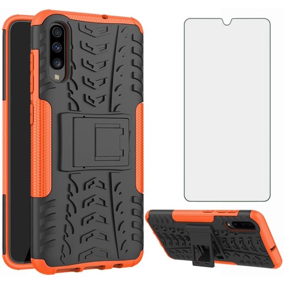 Phone Case for Samsung Galaxy A70 with Tempered Glass Screen Protector Stand Hybrid Rugged Protective Cell Cover A70S A 70 70A S70 Kickstand Mobile Accessories Women Orange