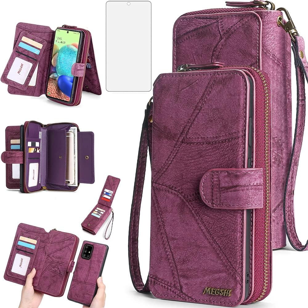 Phone Case for Samsung Galaxy A71 5G Zipper Wallet Detachable Cover with Screen Protector and Leather Flip Mirror Card Holder Slot Cell Accessories Mobile A 71 G5 71A S71 SM Women Men Wine Red