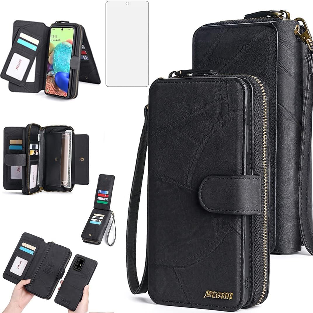 Phone Case for Samsung Galaxy A71 5G Zipper Wallet Detachable Cover with Screen Protector and Leather Flip Mirror Card Holder Slot Cell Accessories Mobile A 71 G5 71A S71 SM Women Men Black